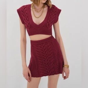 For Love & Lemons Cable Knit Sweater Skirt in Burgundy NEW Medium